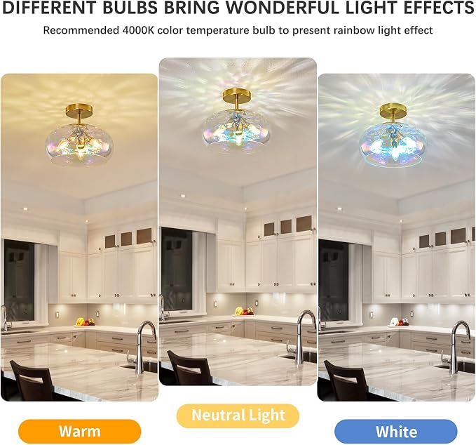 Vintage Semi Flush Mount Ceiling Light ,12″ Art Deco Rainbow Hammered Glass | Gold,Mid Century,Whimsical,MCM,Unique Cute Retro Light Fixtures for Girls Bedroom,Entryway Laundry Room Kitchen Closet Foyer