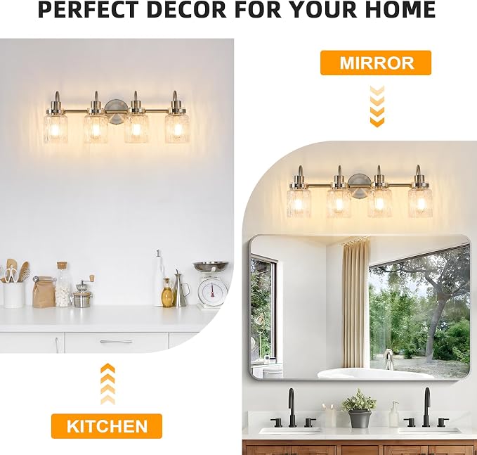 4 Lights Hammered Glass Bathroom Vanity Light,Brushed Nickel | Easy Installation,Up or Down,Farmhouse Modern Style,E26 Socket,ETL Certification