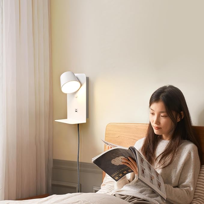 DEC LUCE DECOLUCE LIGHTING Modern LED Plug in Wall Sconce, Dimmable Wireless Wall Light Fixtures with Shelf and USB Port, 6W,600LM, Rotatable Small Reading Wall Lamp for Bedroom Bedside, White