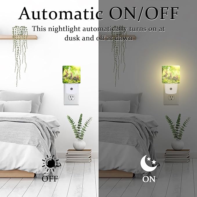Easter Bunny in The Meadow Night Light Plug into Wall,Cute Rabbits and Spring Flowers Dusk to Dawn Night Light Plug in,0.5w Energy Saving Sleep Friendly Nightlight for Kids Boys Girls Home Decor
