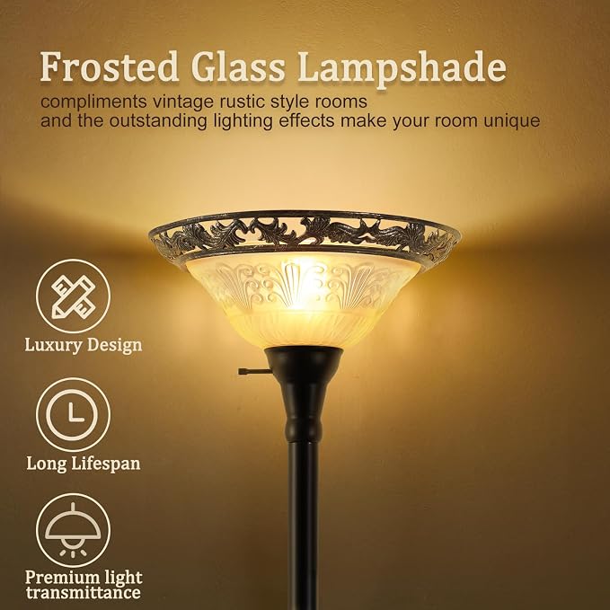 Luvkczc Torchiere Floor Lamp for Living Room - 70" Victorian Standing Lamp with Etched Glass Shade, Corner Floor Lamps for Bedroom/Office