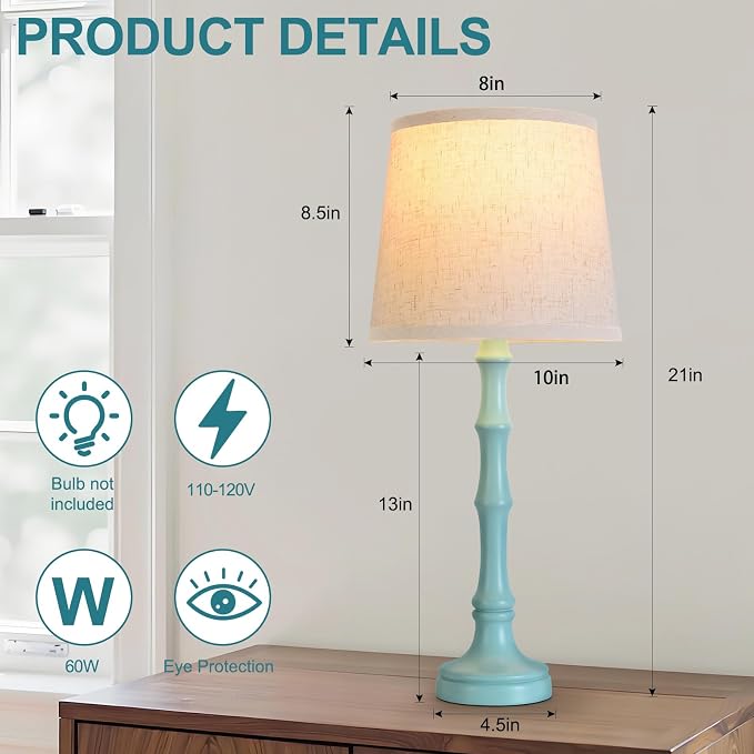 Lamps Set of 2 Modern Farmhouse Table Lamp Bedside Reading Lamps Living Room End Tables Set Lamps for Night Stands Bedroom Night Lamp,High 26.25 Inch,Green,With Fabric Lamp Shade,Bulb Not Included