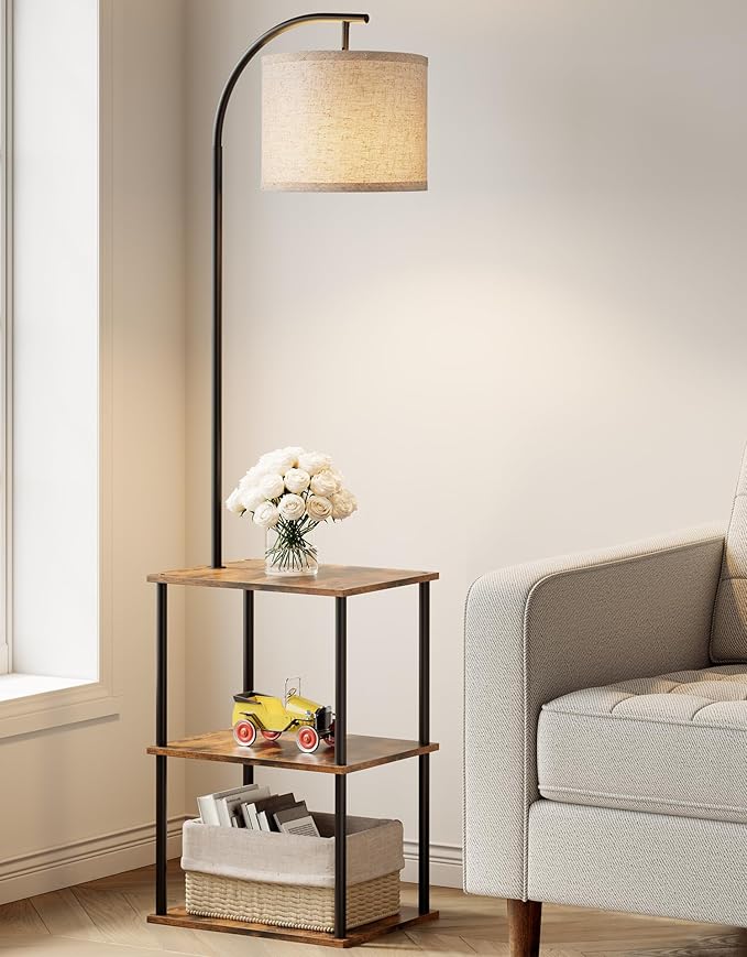 PARTPHONER Floor Lamp with Table, Night Stand with Lamp, Narrow Side Table with 3CCT LED Bulb, Small Coffee Table, Modern End Table with Storage Shelves for Living Room Bedroom Home Décor