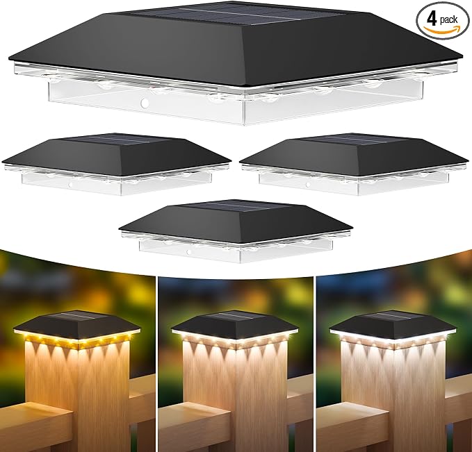 4 Pack 4x4 Solar Post Light, 3 Modes Wooden Vinyl Fence Cap, Black | 3 color temperatures, Waterproof LED Solar Post Lights, Patio Porch Decor, Only Fit Two True Size Post: 3.5''x3.5'', 4''x4''