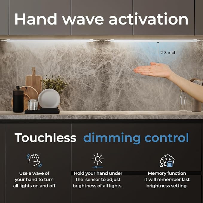 EShine Hand Wave Activated Under Cabinet LED Lighting Kit, Dimmable, 3-Pack 12 in - Touchless Dimming Control, White Under Counter Lights for Kitchen, Garage, Office, Desk - Warm White (3000K)