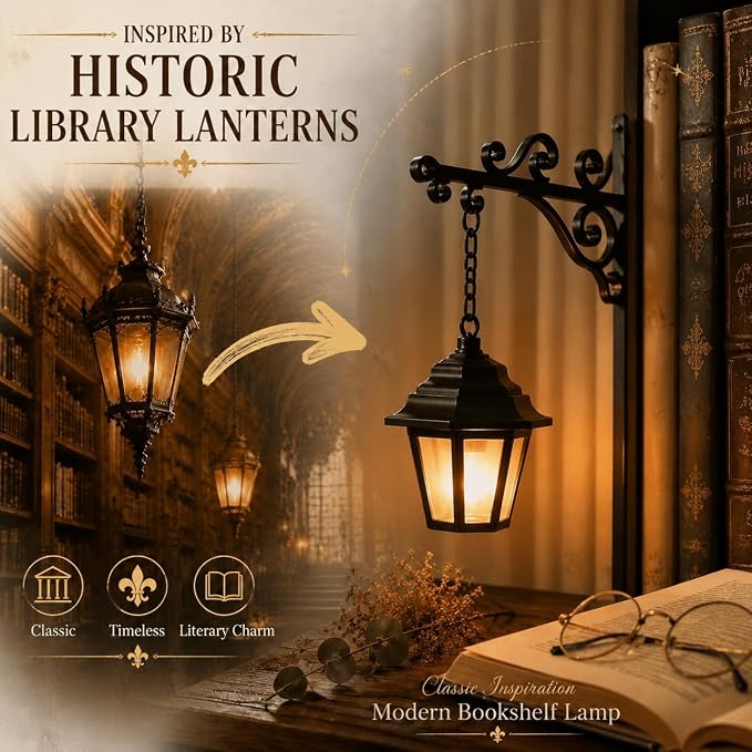 Library Lantern Bookshelf Lamp, Decorative Bookshelf Light with Warm LED Nightlight, Mini Nook Light for Bookshelf, Portable Table Desk Luminaire, Hanging Bookshelf Decor for Book Lovers