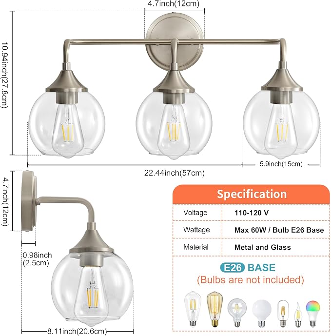 Bathroom Light Fixtures 3-Light Brushed Nickel Vanity Light 31" | Farmhouse Vanity Lighting Fixtures Over Mirror, Thickened Clear Glass Shade, UL E26 Dimmable Vanity Light Fixtures