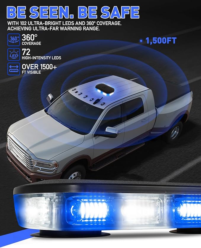 HLauto 700A Rooftop Emergency Strobe Lights Bar, 72 LED Blue White Mini Beacon Safety Flashing Warning Traffic Lights Bar w/Magnetic Base for 12-24V Trucks, Construction Vehicles, Snowplow, Cars