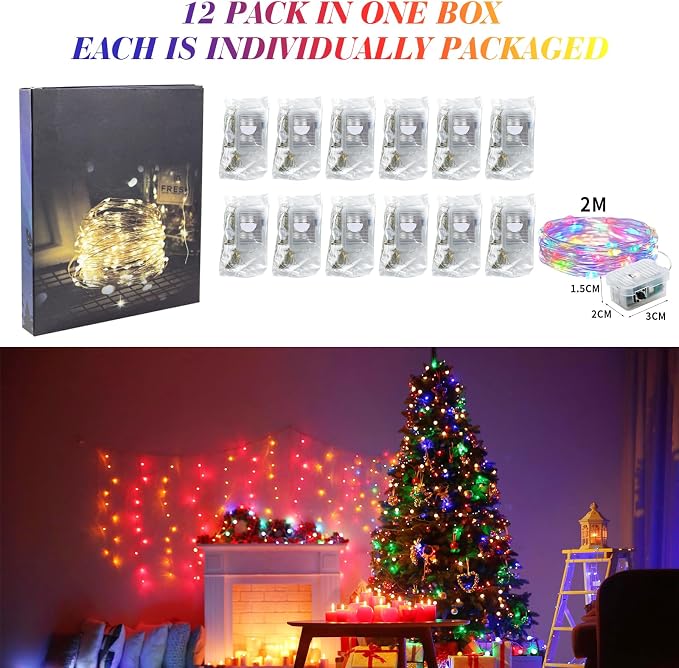 ZGWJ 12 Pack Multicolor Fairy Lights, Mini String Lights | Battery Operated 7 FT 20 LED Waterproof 3 Modes for DIY, Parties, Wedding, Halloween, Christmas Decoration