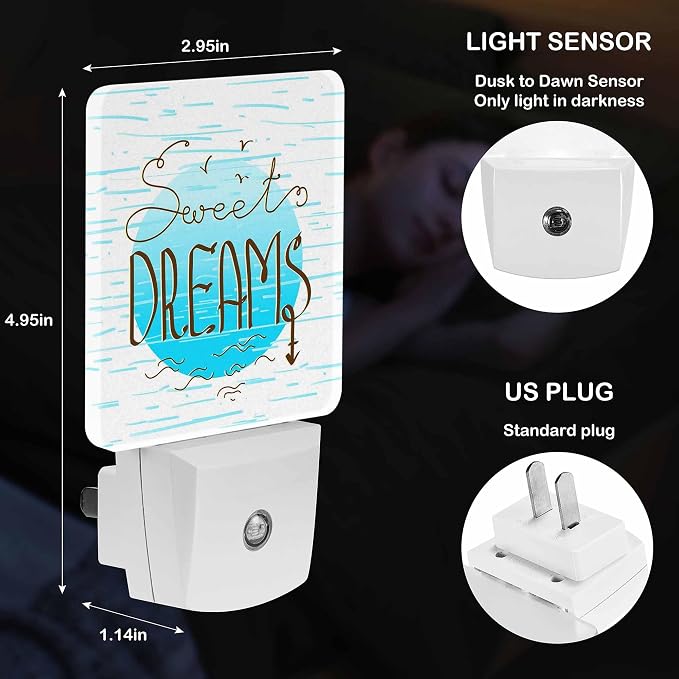 LED Night Light Lamp with Smart Sensor Dusk to Dawn Sensor,Bright Blue Abstract Sweet Dreams Phrase Night Light Daylight White,0.5W Plug-into Wall for Adults,Bedroom,Bathroom,Hallway,Kitchen
