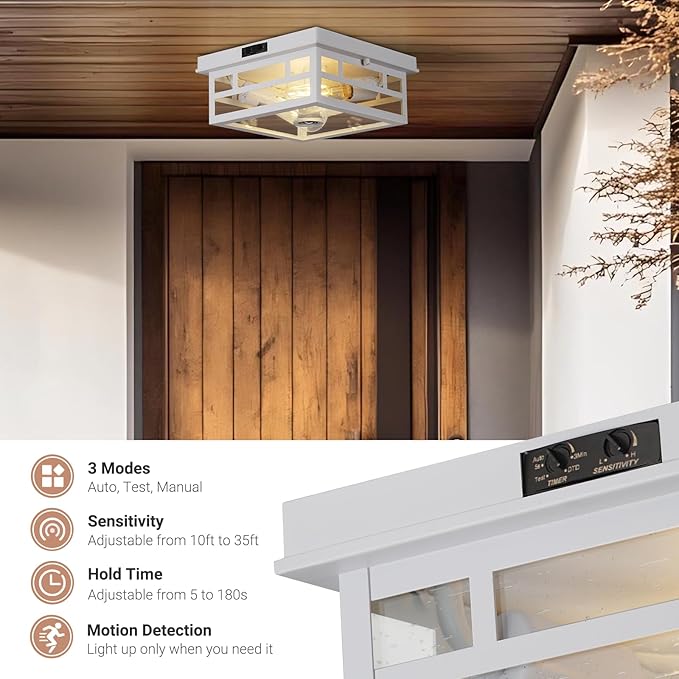 CALOKES Outdoor Flush Mount Motion Sensor White Ceiling Light - Timeless Industrial Design with Seeded Clear Glass for Your Porch, Driveway, Covered Patio, Farmhouse, and Entryway