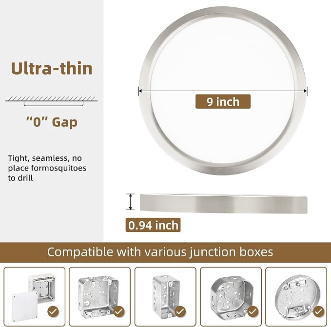 Hlite 9 Inch LED Flush Mount Ceiling Light,1800LM,4PacK,3CCT | 18W 3000K/4000K/5000K Selectable,Super Slim,Low Profile Round Ceiling Light Fixtures for Kitchen Bedroom Hallway,Nickel