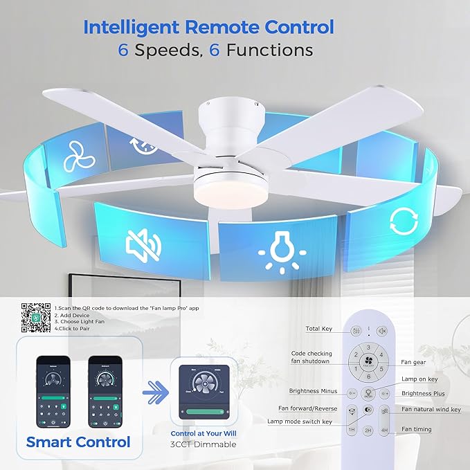 52" White Ceiling Fans with Lights and Remote/APP - Flush Mount Low Profile Ceiling Fan with 5 Reversible Dual-Sided Blades, Dimmable, 1/2/4H Timer, Modern Indoor Fan Light for Kitchen, Bedroom
