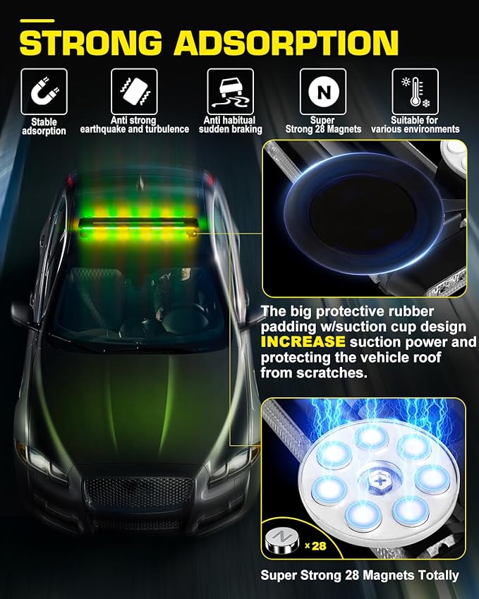 42" Emergency Flashing Strobe Lights Bar with 28 Strong Magnets Double Side Traffic Advisor 206 LED Warning Snow Plow Light for Trucks Vehicles Tow Pickup, Amber/Green