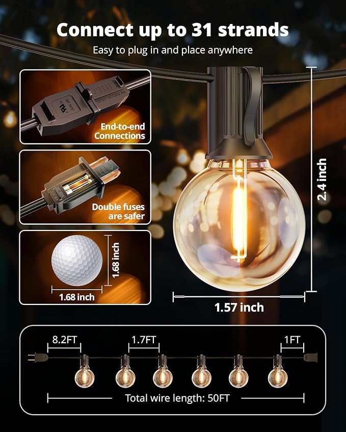 VIPAR Outdoor String Lights,50FT 27 G40 Patio Lights Waterproof for Balcony | ETL,Vintage LED Globe Bulbs,Connectable, Shatterproof,Waterproof,2700KDimmable,Plug-in,for Backyard Porch Garden Bistro