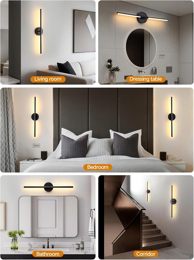 Battery Operated Wall Sconces Set of 2, Modern Wireless Wall Lights with Remote & Touch Control, 24 Inch Black Dimmable Rechargeable LED Sconce with 3 Colors & Timer for Bedroom, Living Room, Hallway
