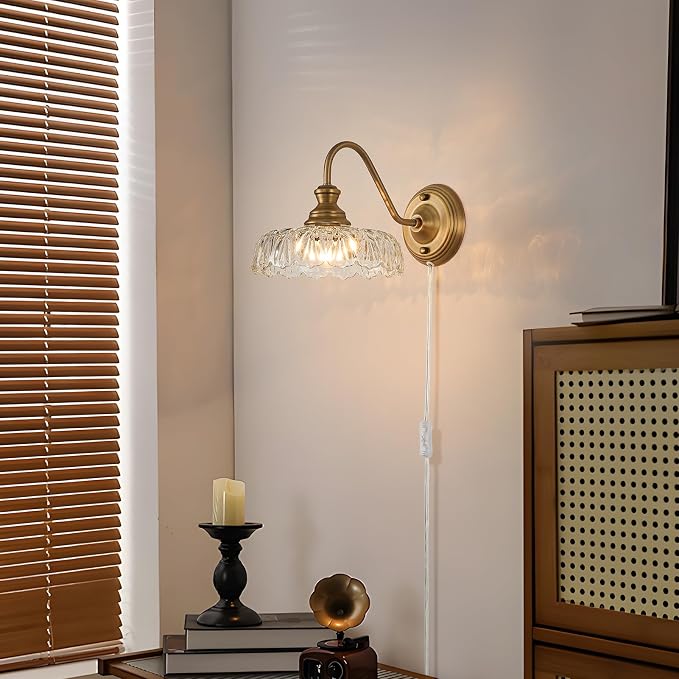HDDFL Vintage Plug in Wall Scone Bedside Wall Lamp Plug Corded Matte Brass Bedroom Light Fixtures in Door Lighting Fixture for Living Room Hallway Corridor