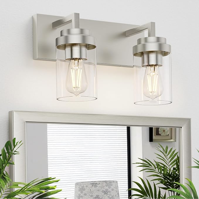 Bathroom Vanity Fixtures, 2 Light Matte Nickel Vanity Light with Clear Glass Shade, 15in Farmhouse wall Light, Lighting Fixture Over Mirror for Bathroom