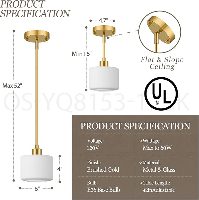 Milk Glass Pendant Lights Kitchen Island, 1-Light Modern Brushed Gold Hanging Light Fixtures with Rods, Mini Kitchen Pendant Lighting Over Island for Sink Bathroom, OS-YQ8153-1PBG