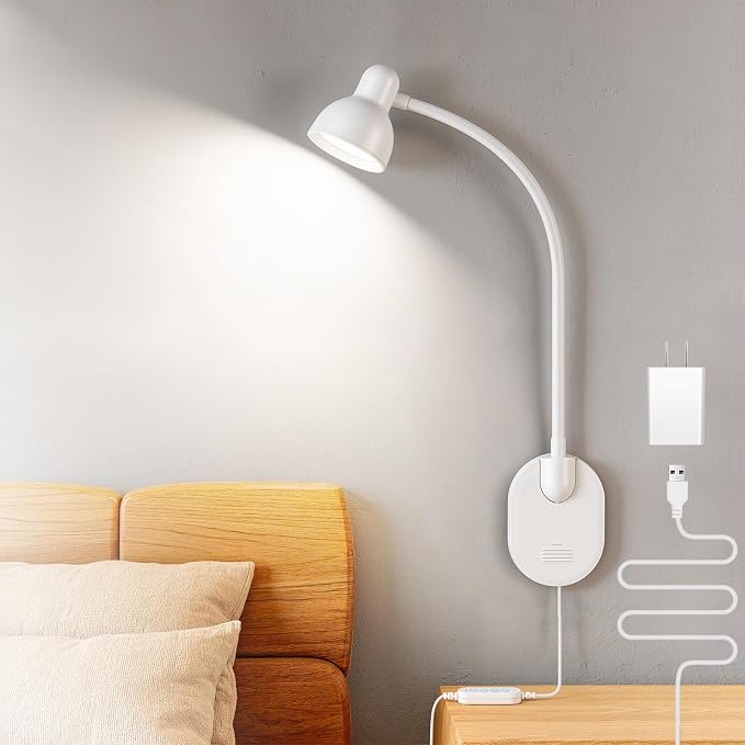 Wall Mounted Reading Light, LED Wall Bedside Lamp with Adapter White | 5 Color 10 Brightness,Plug-in Adhesive Wall Reading Lights for Books in Bed, Auto-Off Timer Wall Lights for Bedroom Headboard