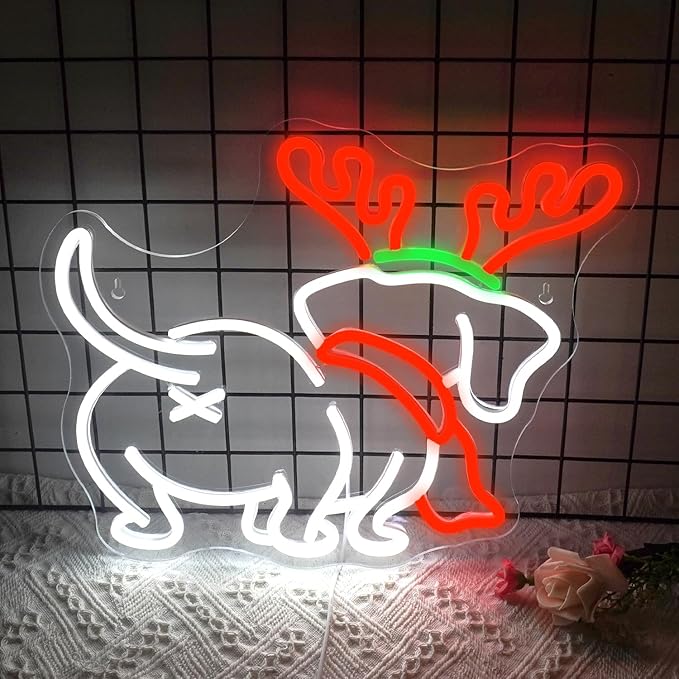 NOSUN Christmas Neon Sign Christmas Dog Elk Horn Neon Sign Dimmable LED Lights for Wall Decor Puppy Dachshund Puppy with Santa Hat Neon Lights Home Kids Bedroom Pet Shop