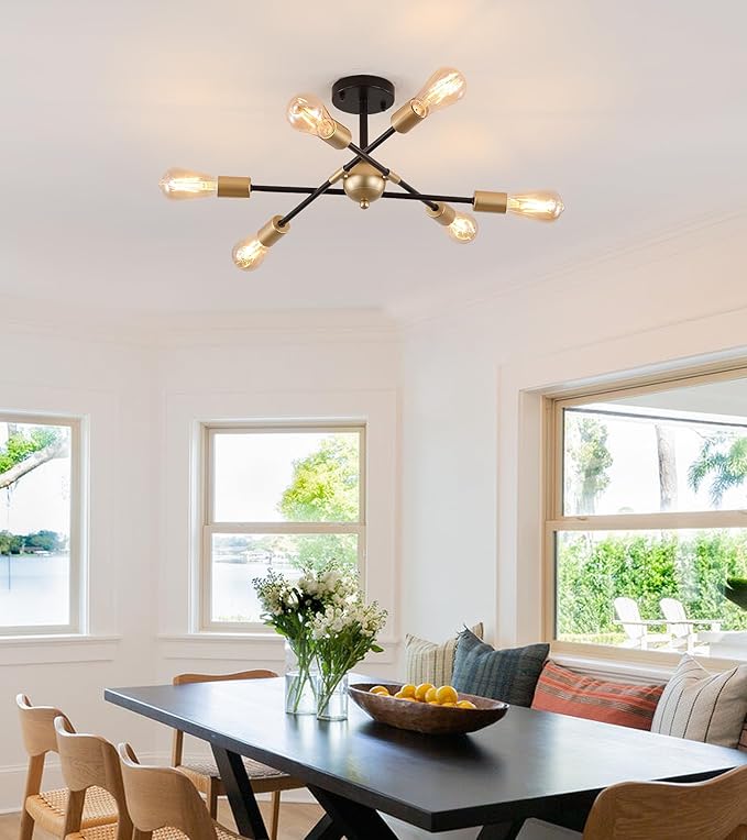 Modern Semi Flush Mount Ceiling Light Fixture Black and Gold Close to Ceiling Light 6-Light Sputnik Chandelier Light Fixture for Hallway Entryway Bedroom Kitchen Dining Room UL Listed