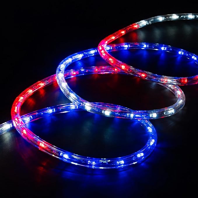 WYZworks 1116LEDs, 100ft LED American Flag Red White Blue Outside Rope Lights, Waterproof Permanent Outdoor ETL Certified, Connectable, Palm Tree Decorative Landscape Patio Accent Lighting - USA