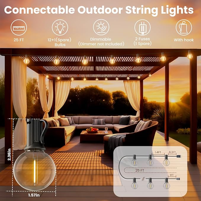 RTTY Outdoor String Lights LED 25 FT, Patio Light Waterproof 13 LED Bulbs | Shatterproof Dimmable Vintage Edison G40 Bulb, Connectable, Hanging lighting For Outside, Balcony, Cafe, Bistro, Warm White