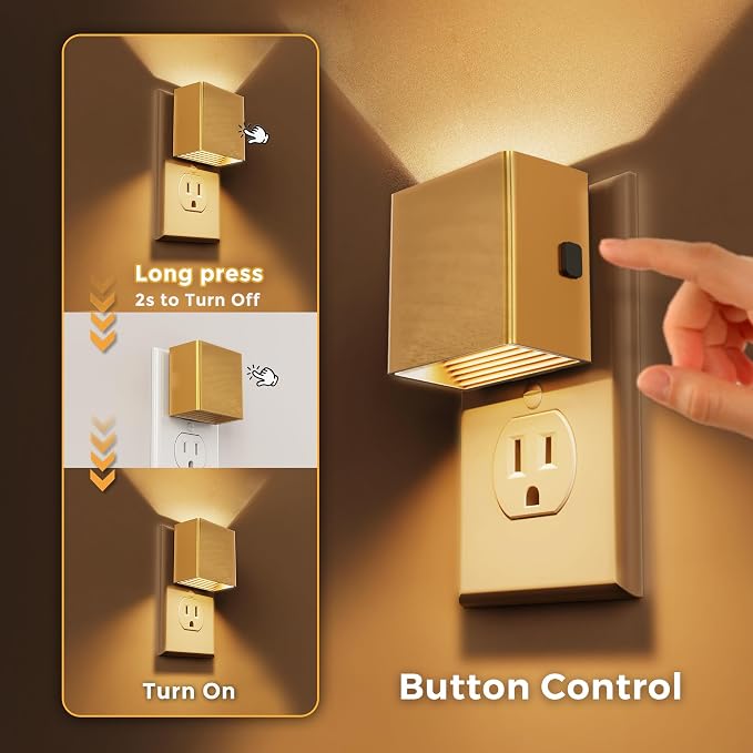 L LOHAS LED Night Light,Night Lights Plug into Wall,[2-Pack] | Dimmable Night Light with Light Sensor,3000K Warm White,Gold Nightlight for Bathroom Hallway Kitchen