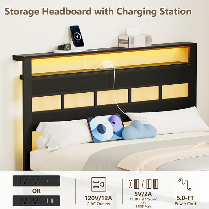 Full Size Bed Frame, Storage Headboard, LED & Charger, Black Oak | Metal Platform Bed with Heavy Duty Slats Support, 2-Tier Wood Shelf,USB & Type-C Ports,Noise-Free,No Box Spring,Easy Assembly