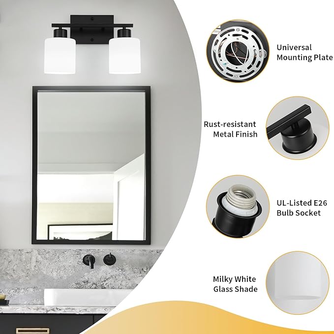 WILON Black Bathroom Light Fixtures Over Mirror, 2 Light Vanity Light with Milky White Glass Shades, Modern Bathroom Sconces, Wall Lamp for Living Room Bedroom Kitchen