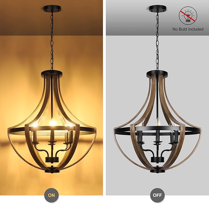 23.6" Large Farmhouse Chandeliers for Dining Room, 6-Light Adjustable Height Rustic Light fixtures for Kitchen Island Entryway Stairwell Breakfast Area, ‎Retro Wood Texture and Black Finish