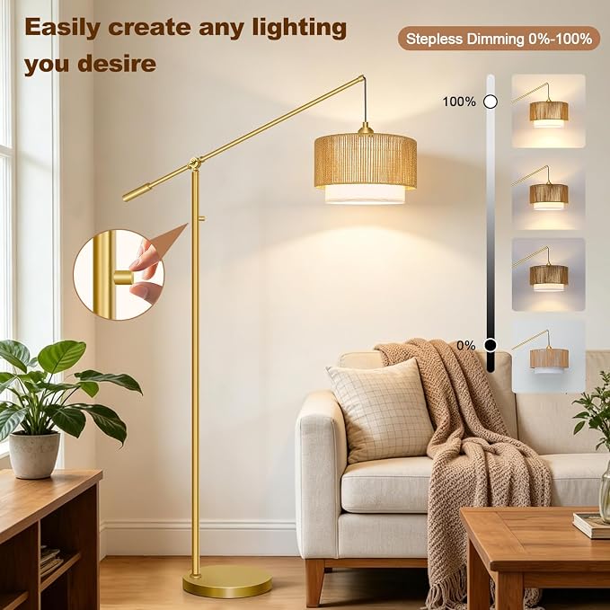 【Upgraded】Arc Floor Lamp for Living Room, Boho Dimmable Swing Arm Floor Lamp with Rattan & Fabric Shades, Gold Rattan Standing Lamp with 11W Bulb, Farmhouse Adjustable Tall Lamp for Bedroom Office
