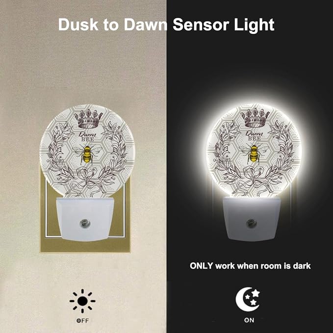 EKOBLA Queen Bee Night Light, Bee Theme Round Night Lights Plug Into Wall with Auto Sensor, Dusk to Dawn Lighting for Bedroom, Hallway and Kitchen