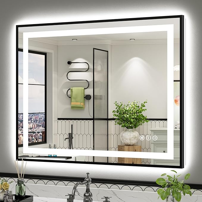 44x36 Inch LED Bathroom Mirror with Black Frame, Backlit & Front Lit | Anti-fog, 3 Color Dimmable, Memory Function, HD Reflection Tempered Glass, ETL Listed, IP54 Waterproof