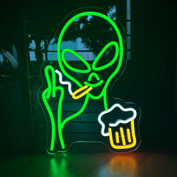 Green Alien Neon Sign, Beer Bar Alien Neon Light for Wall Decor, Dimmable LED Lights Signs for Bedroom Man Cave Game Room Home Bar Party Decoration,USB Powered Alien Light up Sign for Kids Teen Boy Birthday Christmas Presents