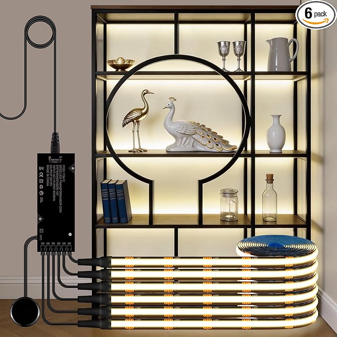 Black Cabinet Light COB LED Strip Lights | 6 pack penetrable touch dimmable ideal for display cabinet and wine rack decorative lighting (Natural White, 6.6ft / 2M)
