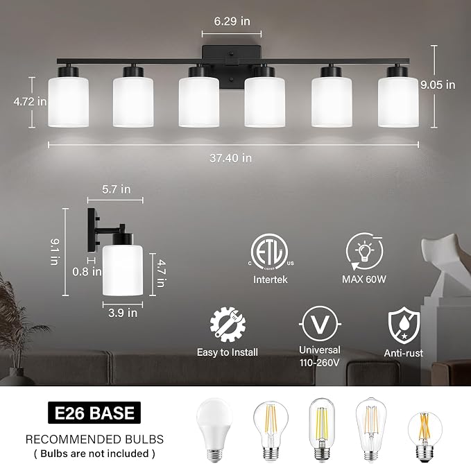 FonmYim Black Bathroom Light Fixtures Vanity Lights Over Mirror | Modern 6-Light lighting fixtures for bathroom with Milky White Frosted Glass Shades, E26 Socket (Bulbs Not Included)
