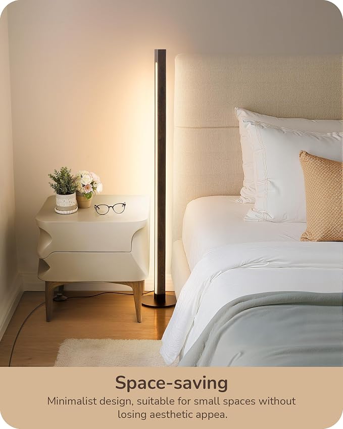 EDISHINE Wooden Corner Lamp with Remote, Dual Lighting, 7CCT & Dimmable | Foot Switch, Night Light Mode, Memory Function, Standing Lamp for Bedroom, Office, Natural Wood