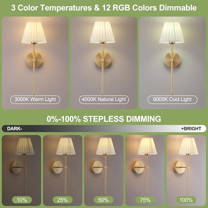 Cordless Battery Operated Wall Sconces Set of 2, Rechargeable Wall Sconce with Remote, Fabric Shade Wireless Wall Sconce Fixtures for Bedroom, Living Room, Bedside (2 Bulbs Included)