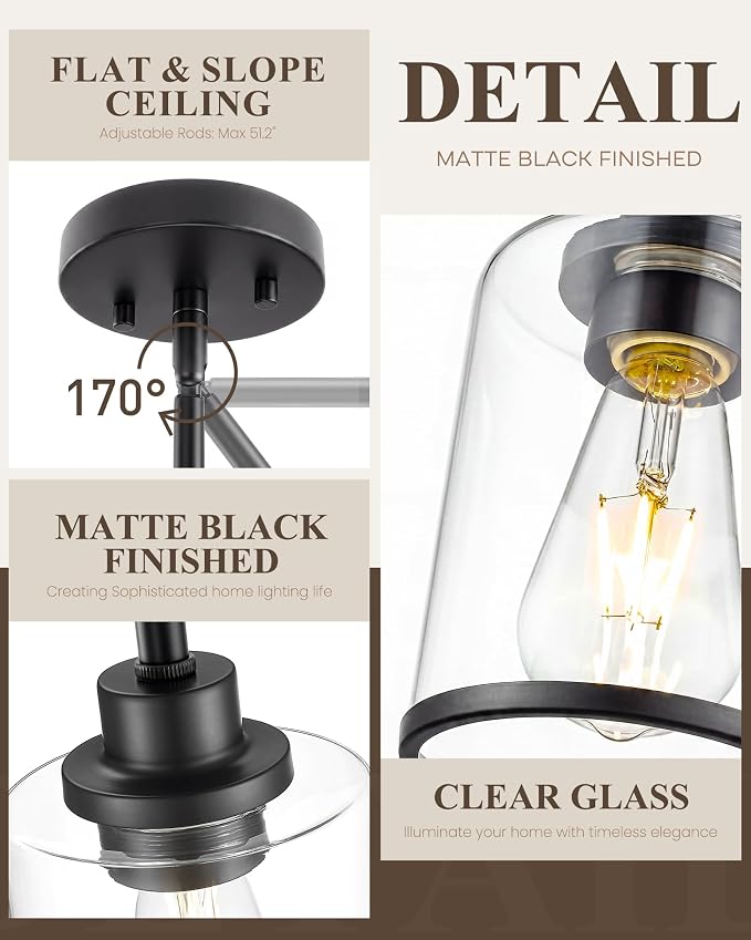 Beionxii Single Pendant Lights Kitchen Island, Clear Glass Pendant Lights | Black Finish with Rods, E26 Base, UL Listied, Adjustable Hanging Height for Living Dining Rooms Bedrooms Foyers, BX-PL02MB+R
