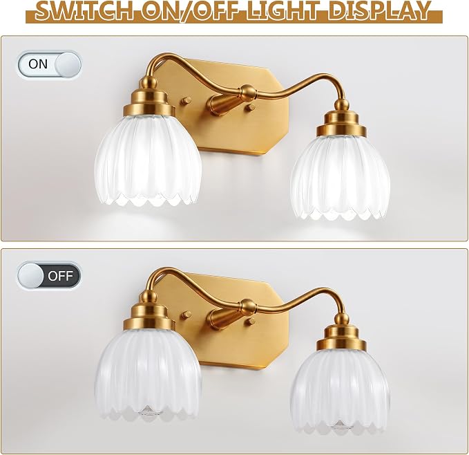 Vintage Gold Vanity Lights, 2 Light Milk White Tulip Crystal | Antique Brass Finish, Brushed Gold Bathroom Light Fixtures, Wall Sconce Ideal for Bedroom, E26 Compatible, Easy Install