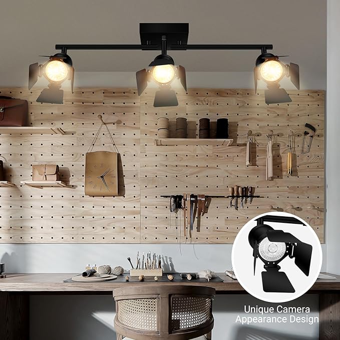 3 Light Track Lighting Fixtures Ceiling, Black Track Lighting with Upgrade Lamp Heads, 3 Way Track Lights Ceiling, Vintage Industrial Track Light for Kitchen/Bar/Boy's Room,GU10 Bulb Not Included