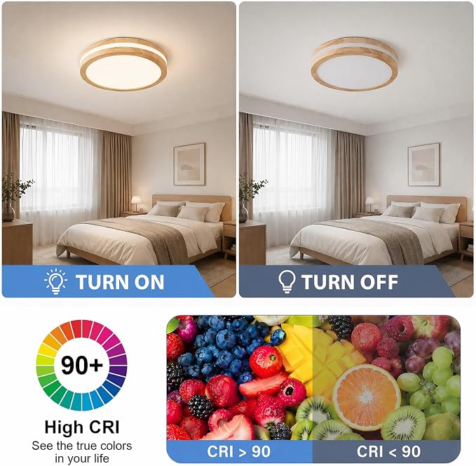 Pevfah Modern Dimmable LED Wood Flush Mount Ceiling Light, 5CCT Round Close to Ceiling Lighting Fixtures, Minimalist Ceiling Lamp for Bedroom, Kitchen, Hallway, Laundry Room-11.81in