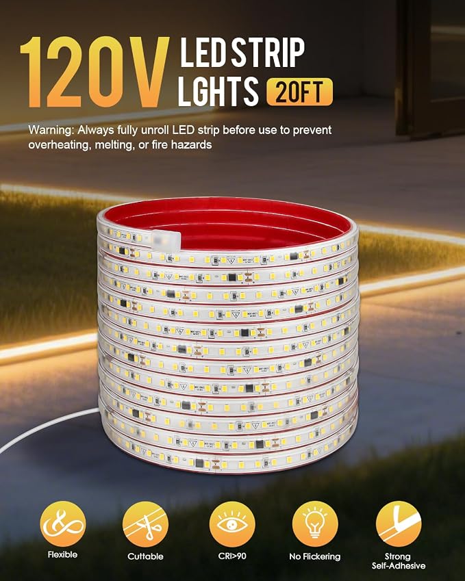Aclorol 120V LED Strip Light 20FT Outdoor Rope Lights Waterproof Warm White | Plug and Play with 3FT Power Cord, Self-Adhesive, 120LEDs/m, CRI90+, Flexible and Cuttable for Bedroom Cabinet Hallway Patio