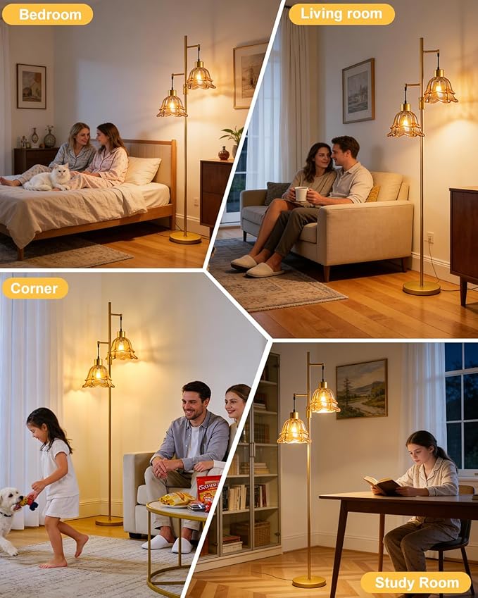 Lightdot 65IN Gold Flower Floor Lamp for Living Room, 2- Light Dimmable Floor Lamps with Brown Glass Lampshade, 3000K Warm White Modern Standing Tall Lamp for Bedroom Sofa Beside Corner Decor