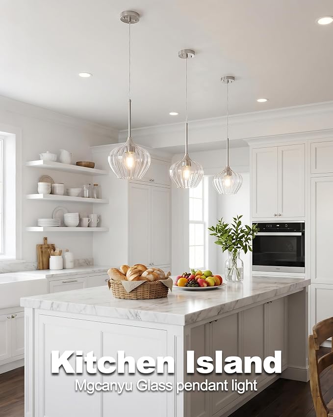 2-Pack Glass Pendant Lights Kitchen Island, 7.7" Modern Brushed Nickel Pendant Lighting Small Hanging Light Fixtures for Kitchen, Dining Room, Bathroom, Bedroom