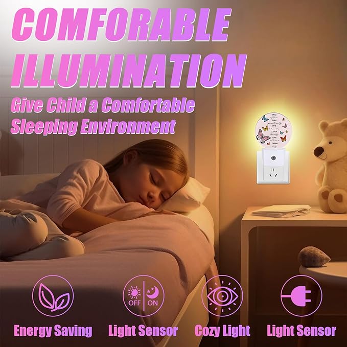Butterfly Night Light Inspirational Quote Night Lights LED Lamp Round Plug into Wall Nightlight with Dusk to Dawn Sensor Home Hallway Stairway Kitchen Decor