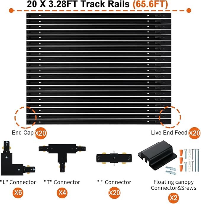 65.6FT H Track Lighting Rail Kit, Black H Type Track Lighting Rails with Floating Canopy Connector, I&L&T Connector, End Caps and Live End Feed for 120V H Style 3-Wire Heads