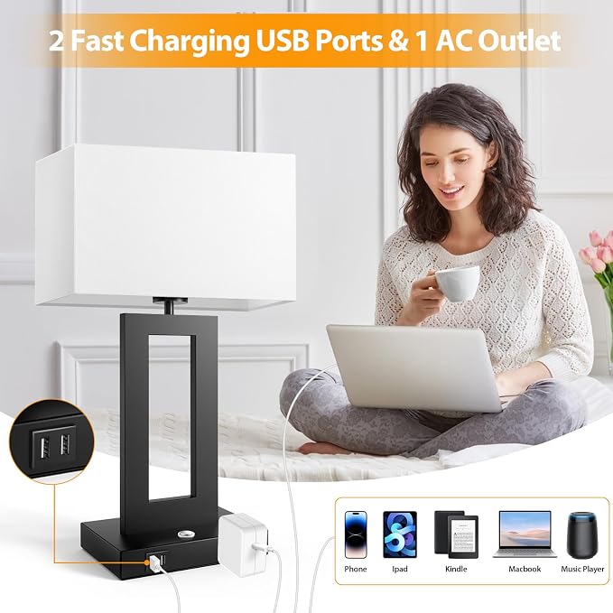 Kondras Set of 2 Table Lamps for Bedrooms, 3-Color Temperatures Touch Control Bedside Lamps with 2 USB Ports&AC Outlet, Stepless Dimmable Living Room Lamps for Nightstand, Bulbs Included, White&Black